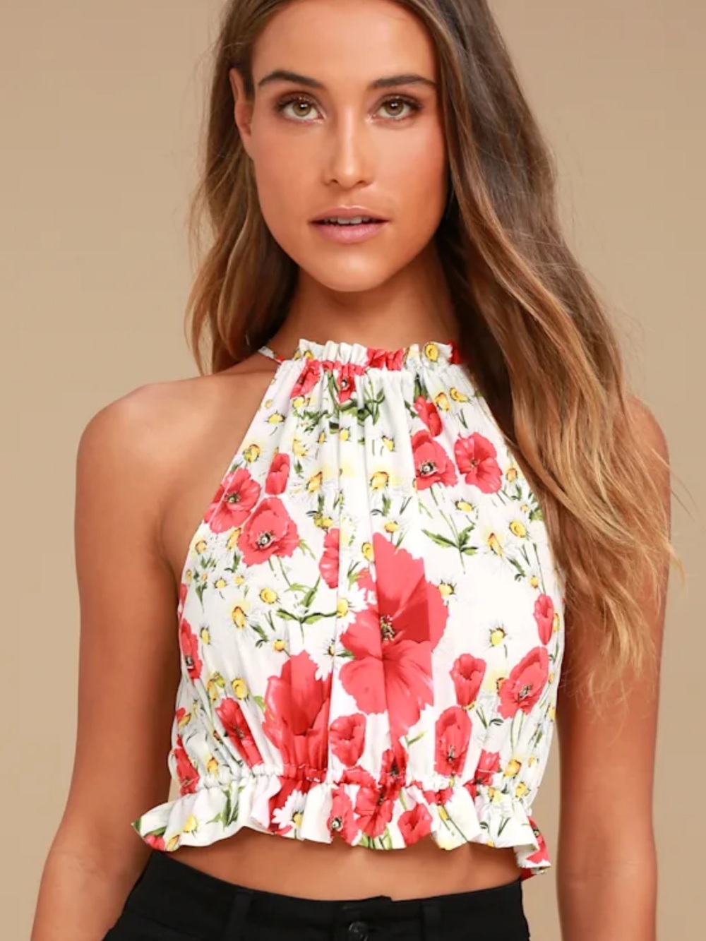 Nostalgia White and Red Floral Print Crop Top